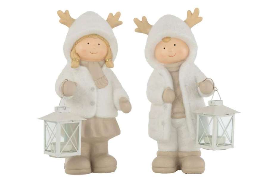 TEALIGHT HOLDER BOY AND GIRL LANTERN RESIN MIX ASSORTMENT OF 2
