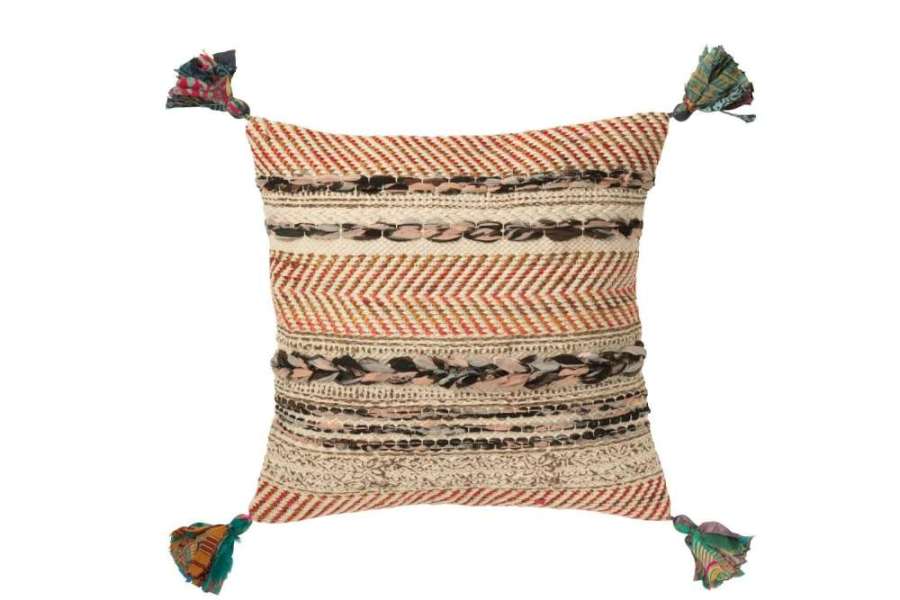 CUSHION SQUARE BRAIDED CHINDI+TASSELS COTTON CREAM/BROWN
