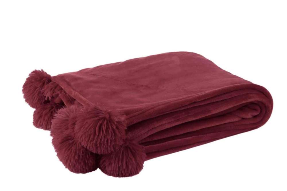 PLAID POMPOM POLYESTER BORDEAUX