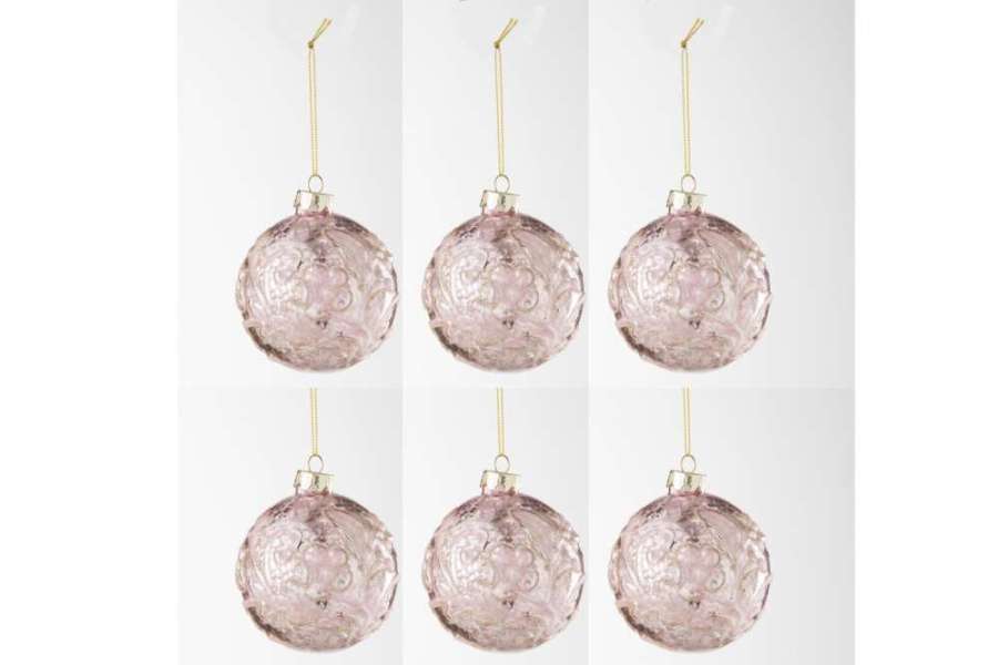 BOX OF 6 CHRISTMAS BAUBLE MOTIVE ROSE SEQUINS GLASS LIGHT PINK SMALL