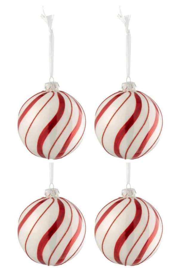 BOX OF 4 CHRISTMAS BAUBLES TURNING LINES RED GLASS SHINY WHITE MEDIUM