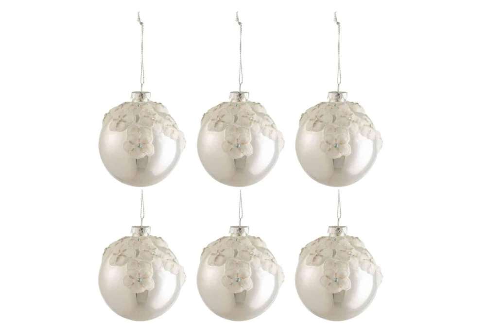 BOX OF 6 CHRISTMAS BAUBLES FLOWERS GLASS SHINY SILVER SMALL
