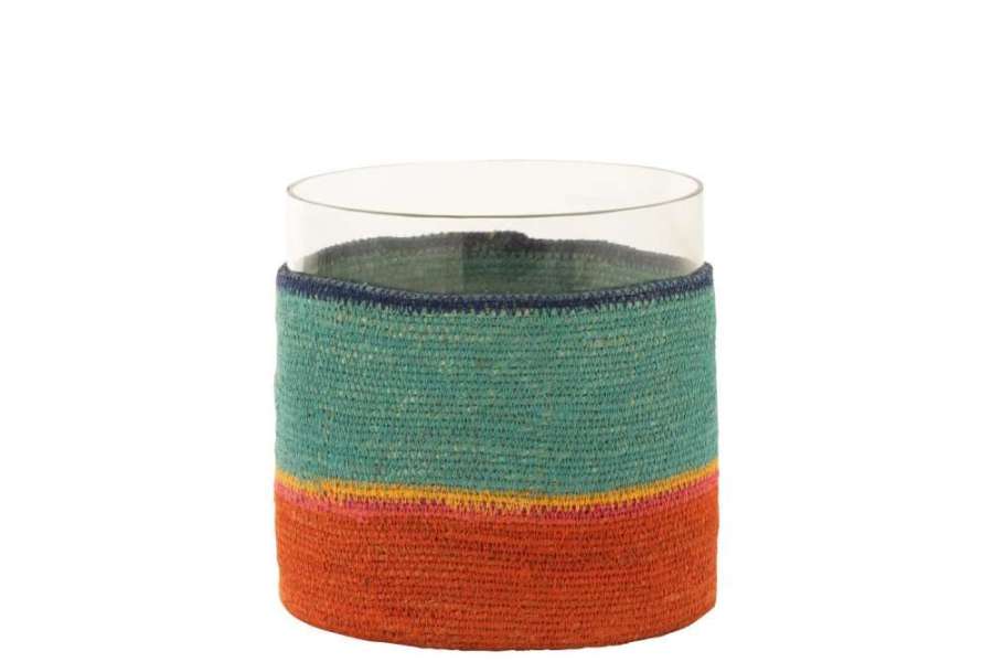 TEA LIGHT HOLDER ROUND+STRIPES GLASS/SEAGRASS BLUE/ORANGE