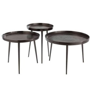 SET OF 3 SIDETABLES TRAY RIGHT ROUND METAL DARK GREY