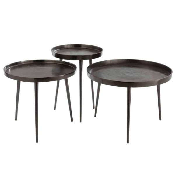 SET OF 3 SIDETABLES TRAY RIGHT ROUND METAL DARK GREY