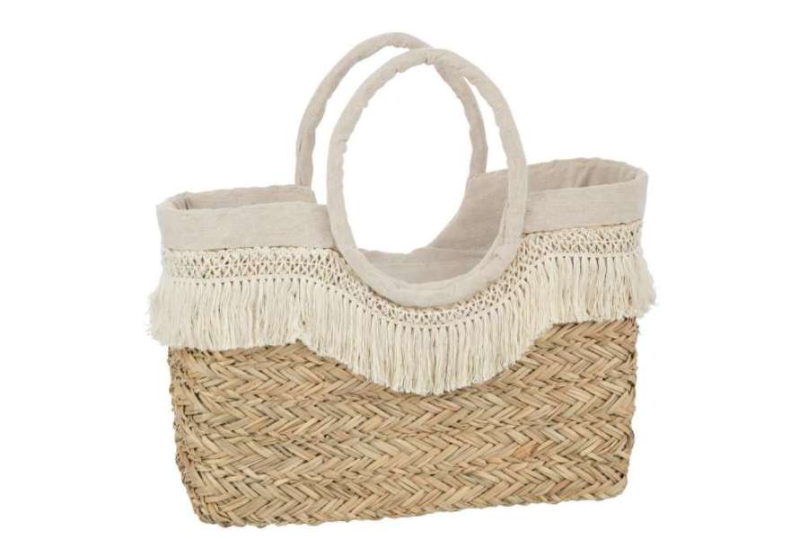 BEACH BAG FRINGES BRAIDED SEAGRASS NATURAL/CREAM