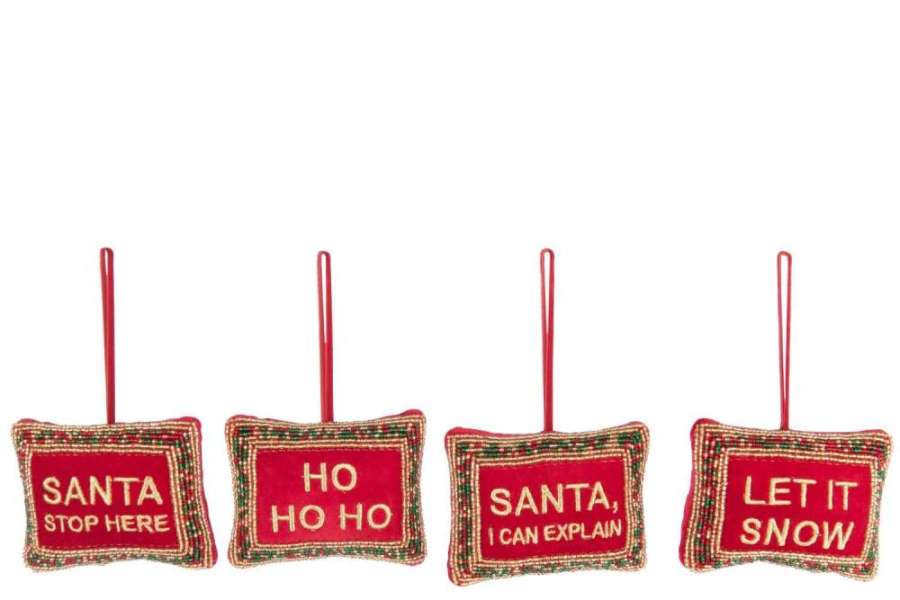 HANGER CHRISTMAS QUOTES BEADS/VELVET CHRISTMAS RED/GOLD COLORED ASSORTMENT OF 4