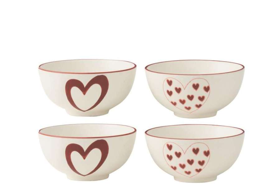 BOX OF 4 BOWLS HEARTS PORCELAIN WHITE/RED SMALL ASSORTMENT OF 2