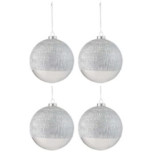 BOX OF 4 CHRISTMAS BALL LINE GLASS TRANSPARENT SILVER LARGE