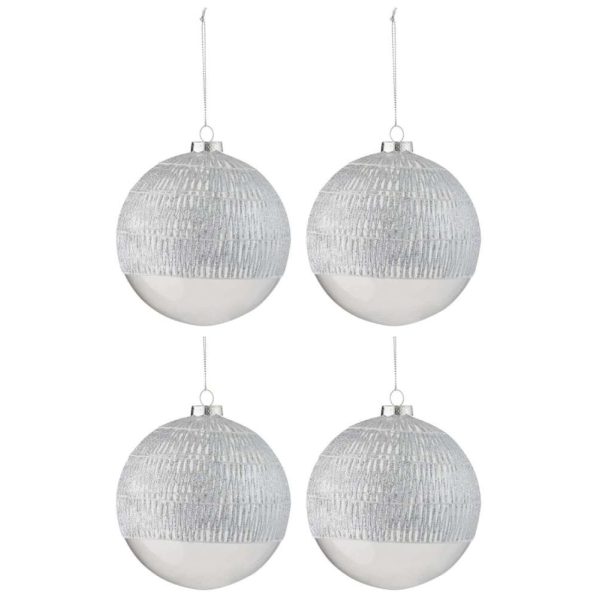 BOX OF 4 CHRISTMAS BALL LINE GLASS TRANSPARENT SILVER LARGE
