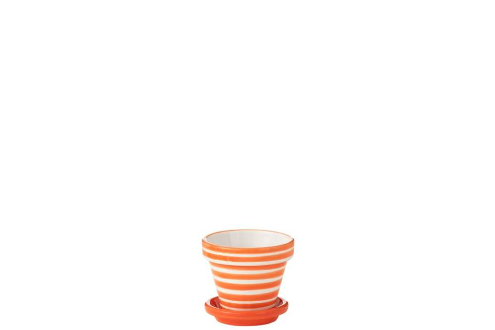 FLOWERPOT+PLATE GRANADA STRIPES HANDMADE/HANDPAINTED CERAMIC ORANGE/WHITE EXTRA SMALL