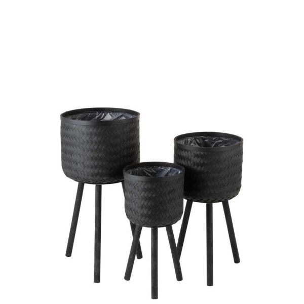 SET 3 FLOWERPOT HOLDERS 3 LEGS BAMBOO/PLASTIC BLACK