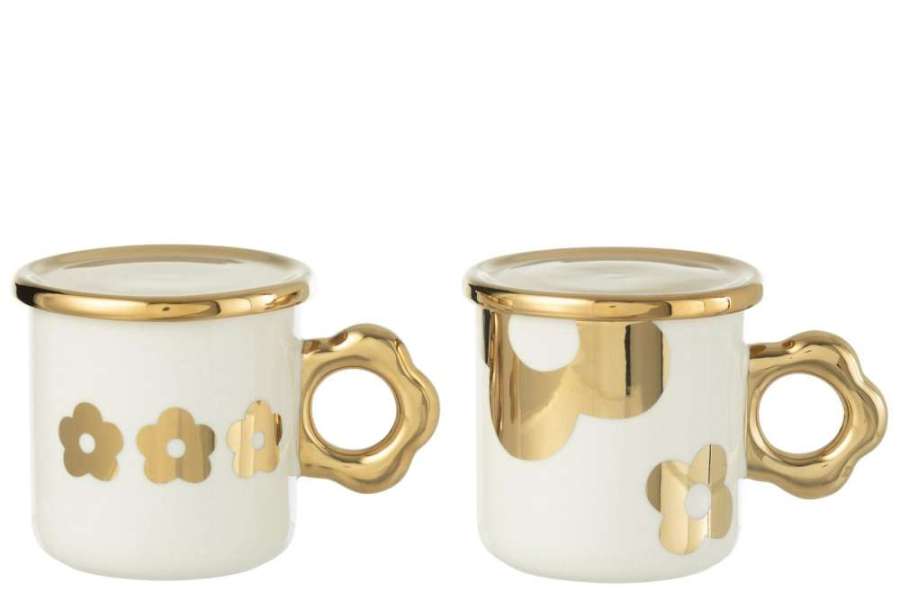 MUG+SAUCER FLOWER CERAMIC WHITE/GOLD ASSORTMENT OF 2