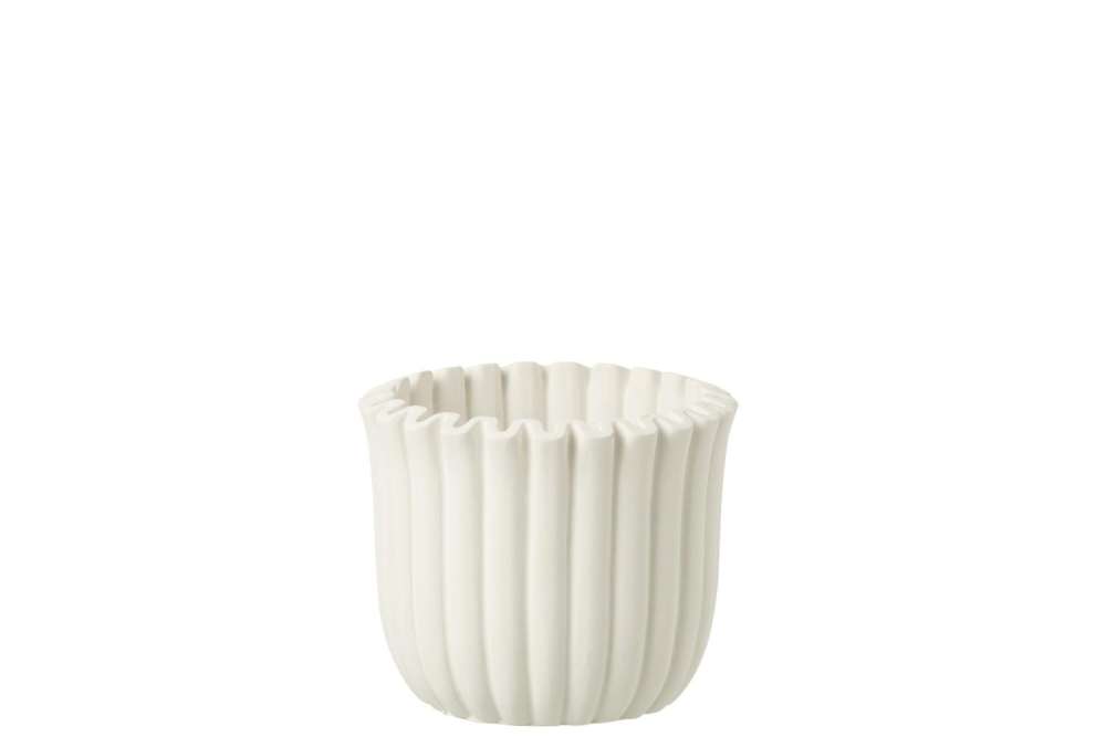 FLOWERPOT RIBBED CEMENT WHITE MEDIUM