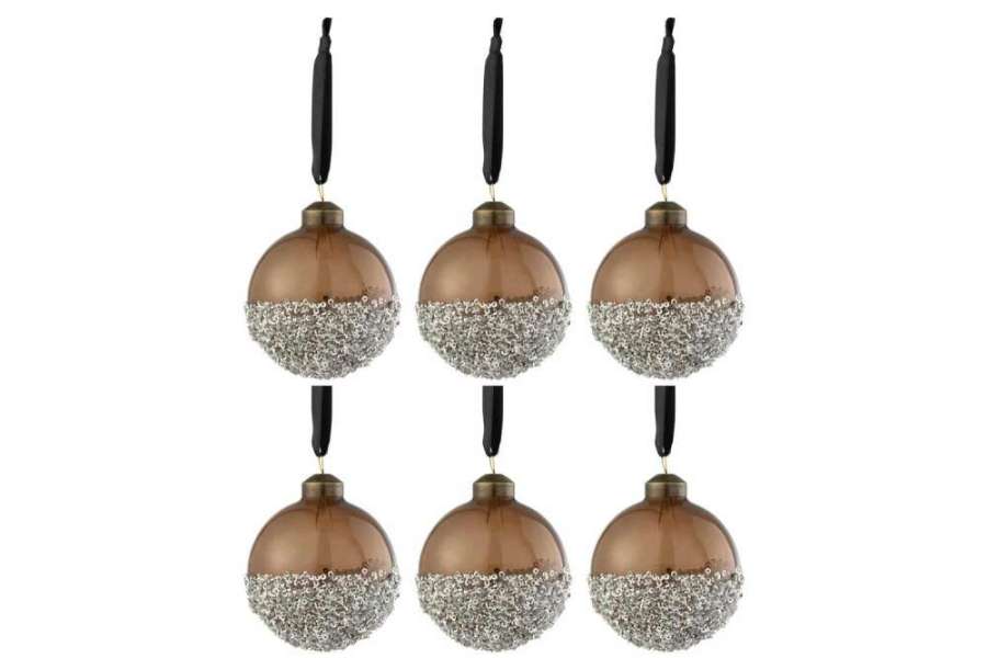 BOX OF 6 CHRISTMAS BAUBLES PEARLS SILVER GLASS BROWN SMALL