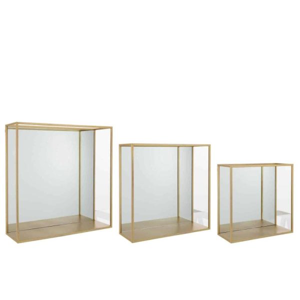 SET OF 3 WALL RACK MIRROR SQUARE METAL/GLASS GOLD