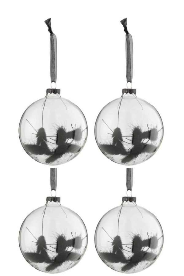 BOX OF 4 CHRISTMAS BAUBLES ROUND DRIED HARETAIL BLACK GLASS TRANSPARENT MEDIUM