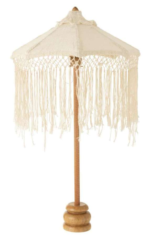 PARASOL ON FOOT LONG FRINGES WOOD/TUMANGGAL WHITE