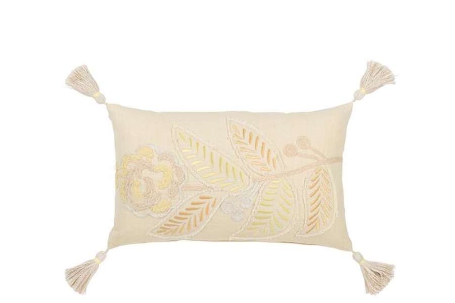 CUSHION RECTANGLE FLOWER+TASSELS COTTON LIGHT YELLOW