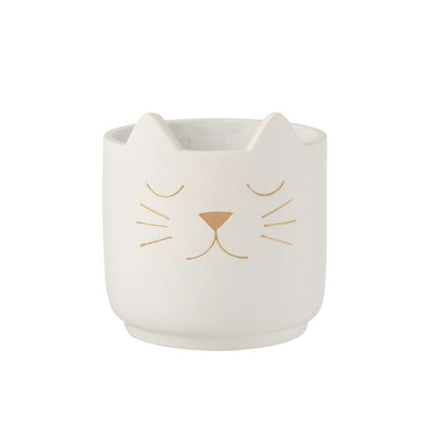 FLOWER POT CAT CEMENT WHITE GOLD LARGE