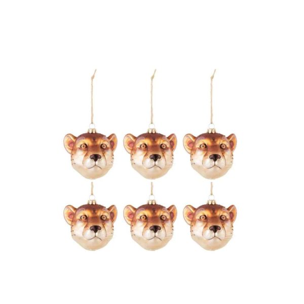 BOX OF 6 CHRISTMAS BAUBLES LION HEAD GLASS BROWN MIX