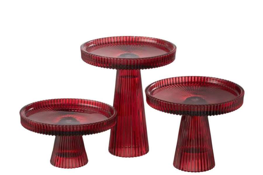 SET OF 3 CAKE PLATES NELLY GLASS CHERRY RED