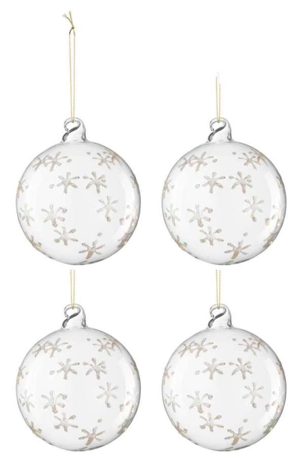 BOX OF 4 CHRISTMAS BAUBLE FLOWERS GLASS TRANSPARENT/GOLD