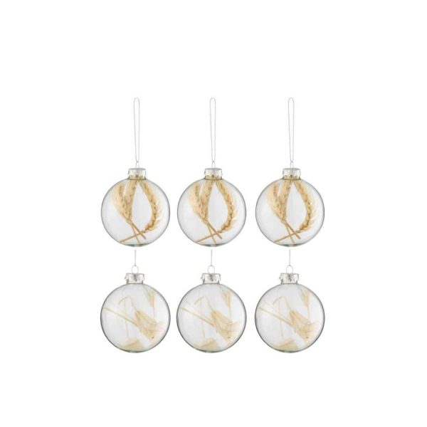 BOX OF 6 CHRISTMAS BAUBLES 3+3 DRIED BRANCHES BEIGE GLASS TRANSPARENT SMALL