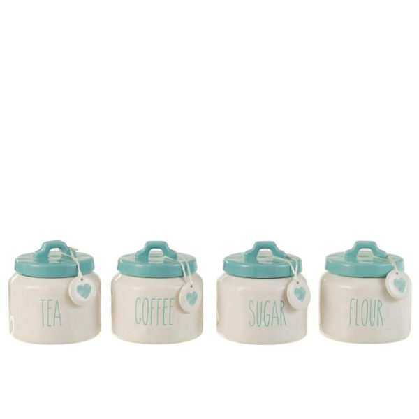 STORAGE JAR FLOUR/SUGAR/COFFEE/TEA CERAMIC WHITE/BLUE ASSORTMENT OF 4