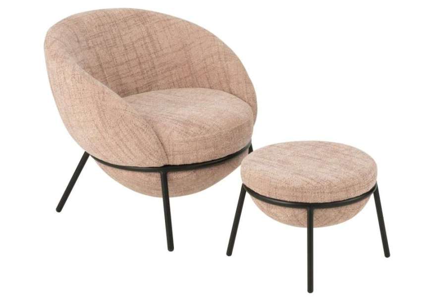 LOUNGE CHAIR  +  FOOTSTOOL IRON LIGHT PINK/BLACK