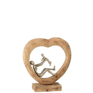 FIGURE PARENT WITH CHILD HEART MANGO WOOD/ALUMINIUM NATURAL/WHITE