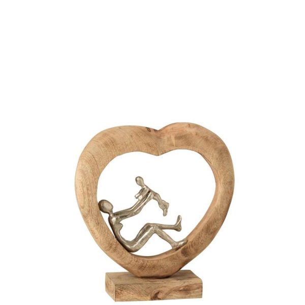 FIGURE PARENT WITH CHILD HEART MANGO WOOD/ALUMINIUM NATURAL/WHITE