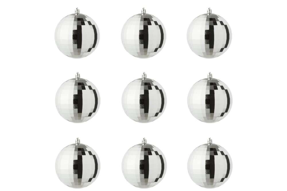 BOX OF 9 CHRISTMAS BAUBLE DISCO PLASTIC SILVER COLORED