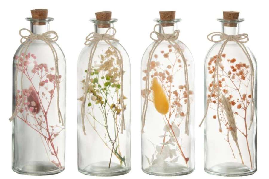 HANGING BOTTLES COLOURFUL DRIED FLOWERS GLASS MIX LARGE ASSORTMENT OF 4