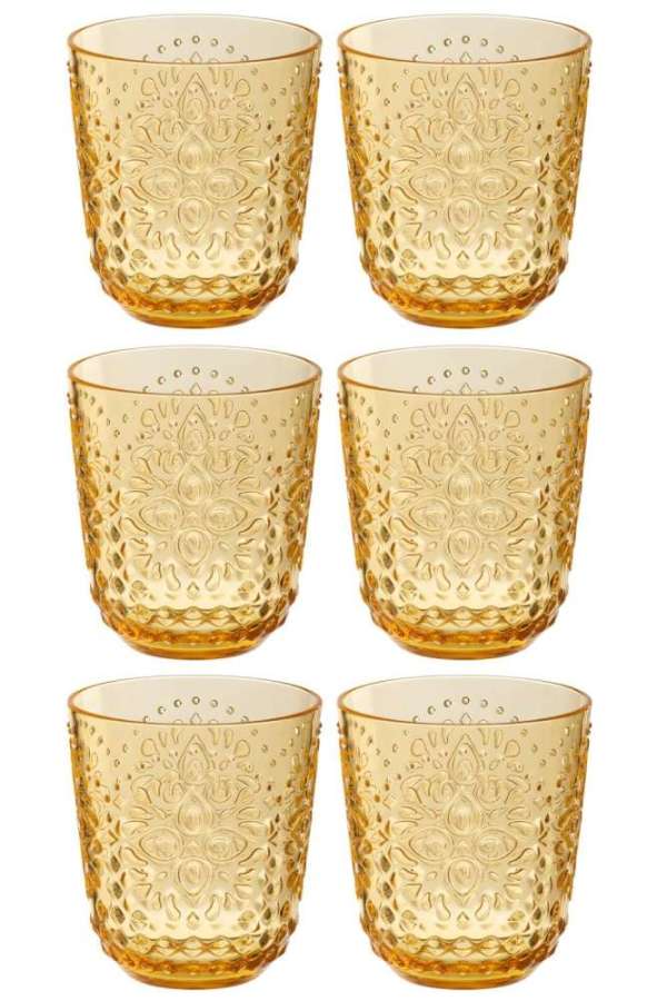 BOX OF 6 DRINK GLASS PLASTIC YELLOW