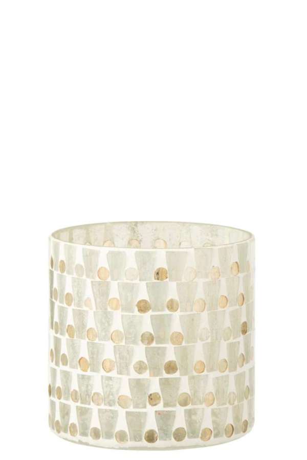 CANDLE HOLDER CYLINDER MOSAIC GLASS OFF-WHITE/GOLD COLORED