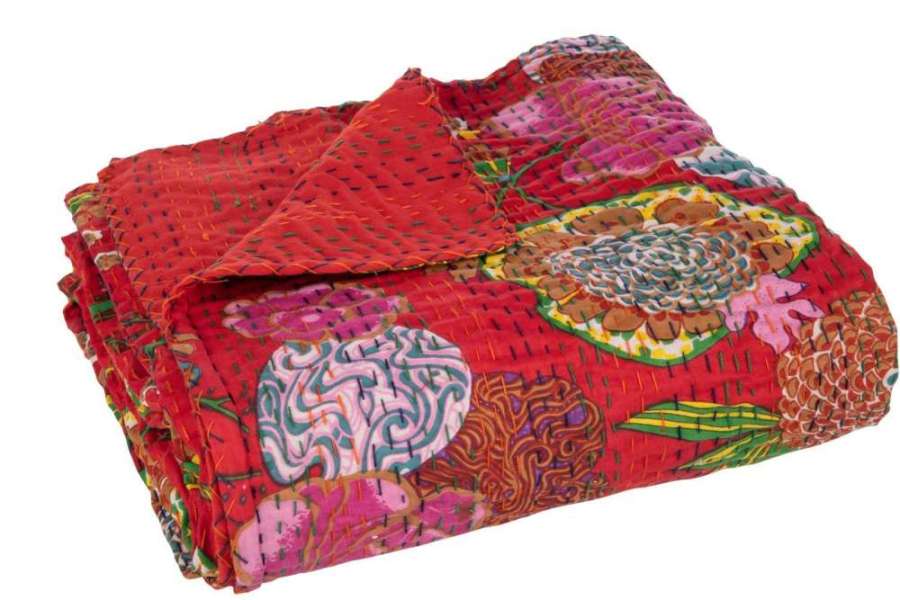 PLAID/BEACH MAT FLOWERS+STITCHES COTTON RED LARGE