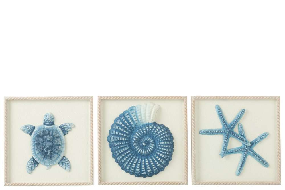 WALL DECORATION SEA KOKI MDF/FIR WOOD BLUE/WHITE ASSORTMENT OF 3