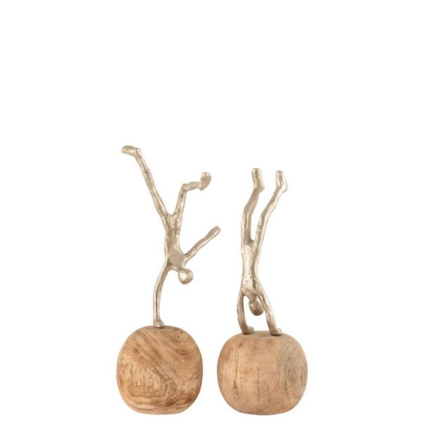 FIGURE STANDING ON FOOT ALUMINIUM/MANGO WOOD NATURAL/SILVER ASSORTMENT OF 2