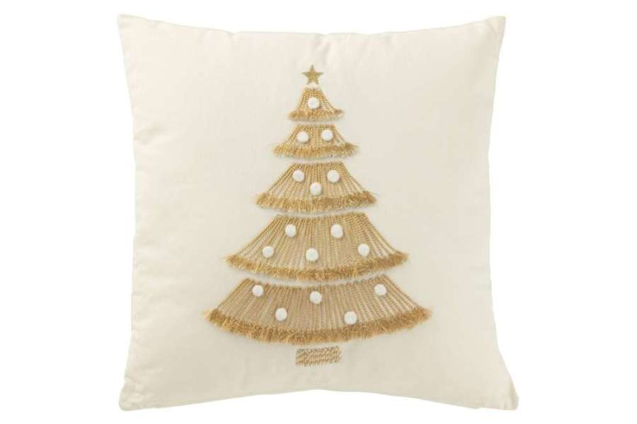 CUSHION CHRISTMAS TREE FRINGES+POMPOMS COTTON WHITE/GOLD