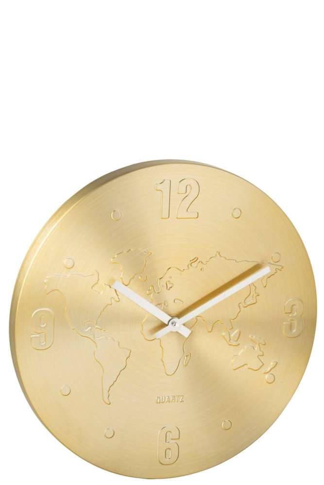 WALL CLOCK WORLD MAP ALUMINIUM GOLD COLORED