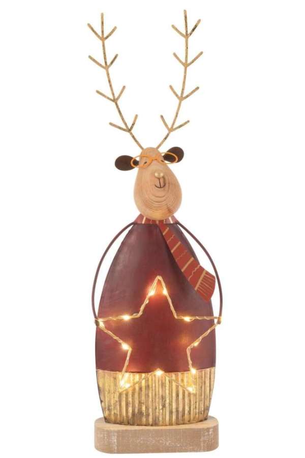 REINDEER DECO+SCARF/GLASSES LED METAL RUST/GOLD LARGE