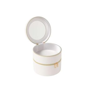 COSMETIC BOX ROUND+MIRROR ARTIFICIAL LEATHER WHITE