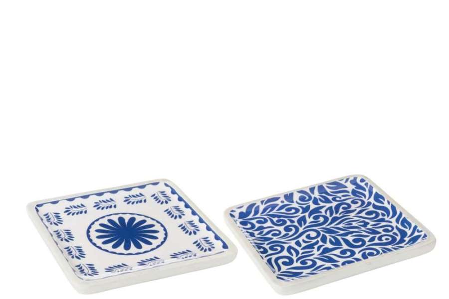 PLATTER SQUARE FLORAL PATTERN MANGO WOOD BLUE/WHITE ASSORTMENT OF 2
