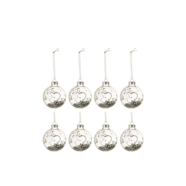 BOX OF 8 CHRISTMAS BAUBLES HEART GLASS CLEAR SILVER SMALL