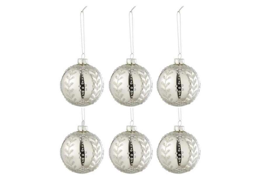 BOX OF 6 CHRISTMAS BAUBLES LEAVES GLITTER GLASS SHINY SILVER SMALL