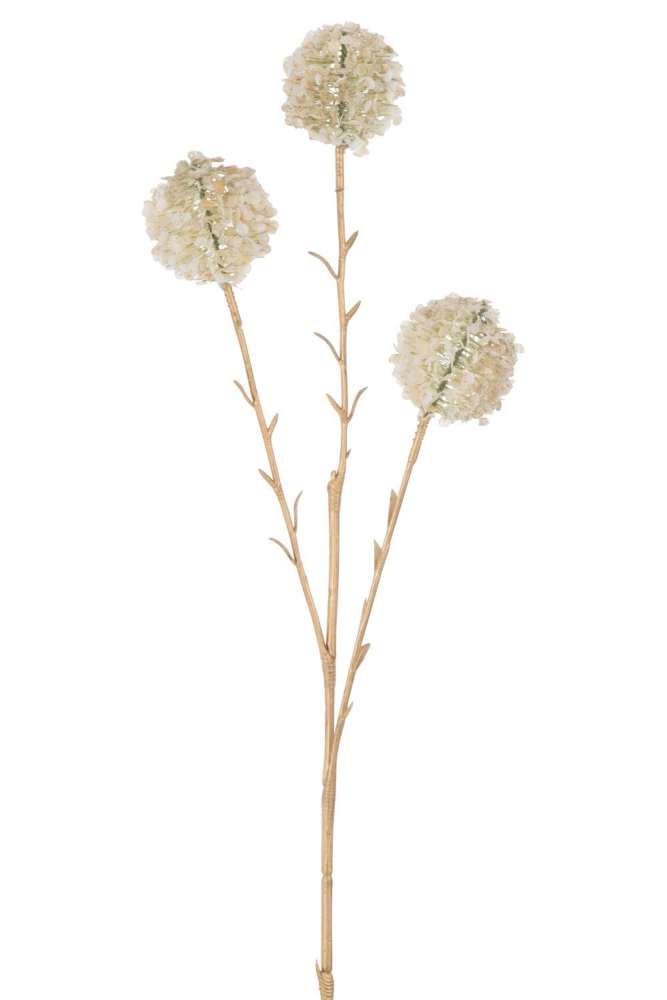 BRANCH 3 FLOWERS POMPOMS PLASTIC CREAM/GOLD LARGE