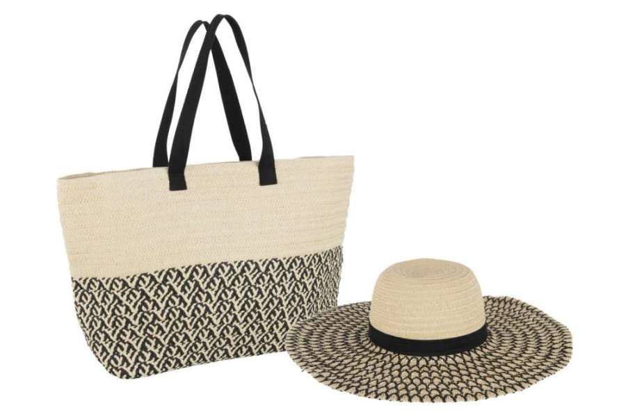 SET OF 2 BAG+ HAT PATTERNS PAPER/COTTON BEIGE/BLACK