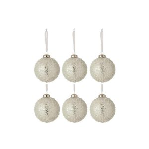 BOX OF 6 CHRISTMAS BAUBLES PEARL GLASS WHITE/SILVER MEDIUM