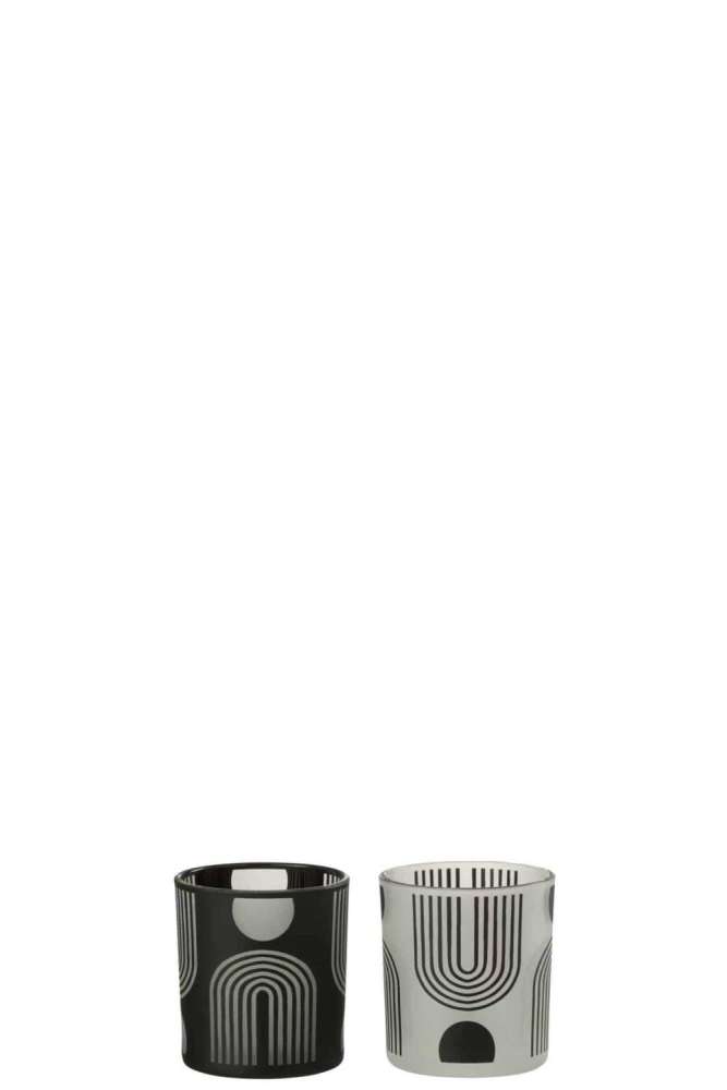 TEALIGHT HOLDER NORDIC GLASS MATT/BLACK/WHITE ASSORTMENT OF 2